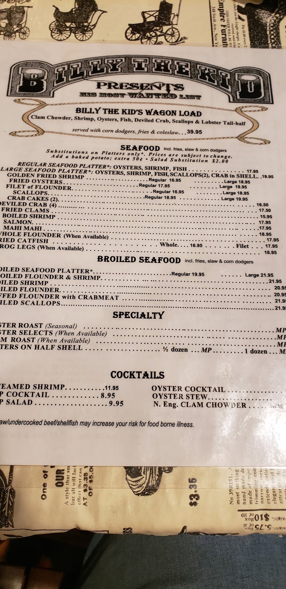 Dinner menu with comfort food options.